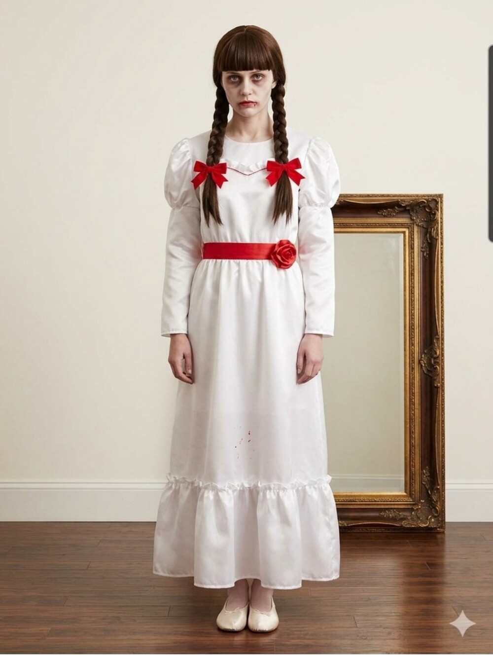 The Conjuring Annabelle Doll Cosplay Costume Bundle - Adult Large Dress Wig Bows